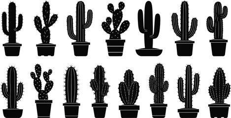 Cactus silhouette vector set, black potted plant icons, desert botanical designs, editable clipart bundle, succulent concept, nature illustration reference