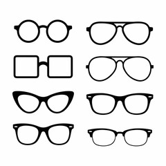 Collection of eight different style eyeglasses frames vector silhouettes, including retro, modern, and classic shapes, isolated on white background.