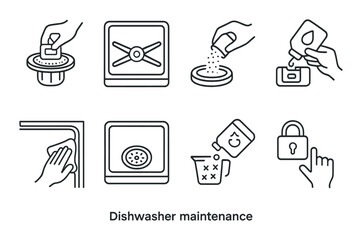 Dishwasher maintenance icons illustrate cleaning, filter care, softener use, and safety lock