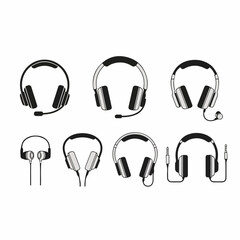 Diverse black and white vector icons of headphones and headsets, featuring various styles including gaming, call center equipment, and simple wired earbuds.