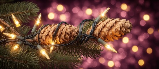 Obraz premium Close up of pine cones on a Christmas tree branch with fairy lights.