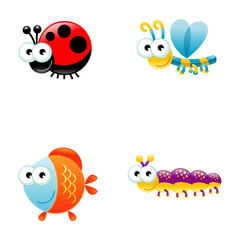 Charming set of colorful bug and fish vector illustrations, perfect for playful kids' projects