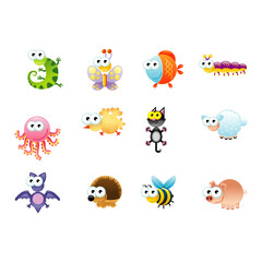 Naklejka premium Set of cute cartoon animals and insects in various poses and colors