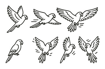 Obraz premium Outline illustrations of parrots in flight on dark background