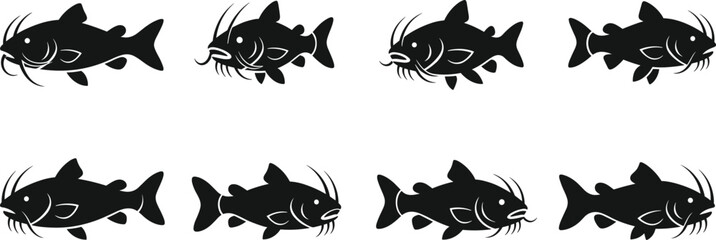 Catfish silhouette vector set, black and white fish icons, swimming pattern illustrations, aquatic animal poses, freshwater species design, visual puzzle elements