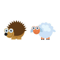 Cute cartoon hedgehog and sheep, adorable animals, simple vector illustration with fun expressions