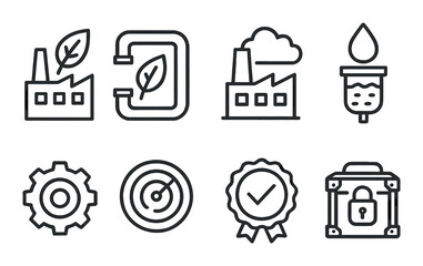 Industrial and environmental icon set with factory, leaf, cloud, water drop, gear, target, badge, lock