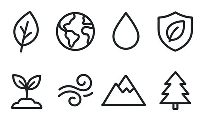 Set of minimalist environmental icons including leaf, globe, water, and tree designs