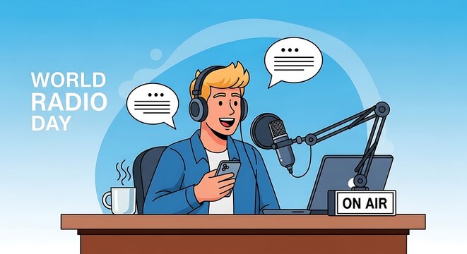 World radio day illustration with a radio host on air