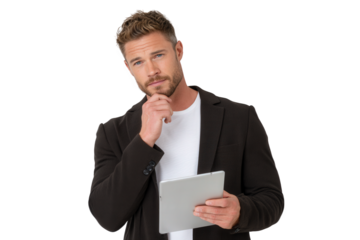young businessman holding a tablet isolated on white business, people, businessman, computer, tablet, person, suit