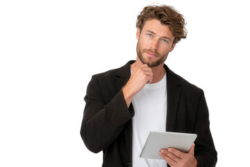 young businessman holding a tablet isolated on white suit, businessman, person, business, tablet, people, computer