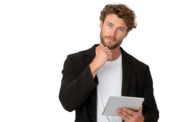 young businessman holding a tablet isolated on white suit, businessman, person, business, tablet, people, computer