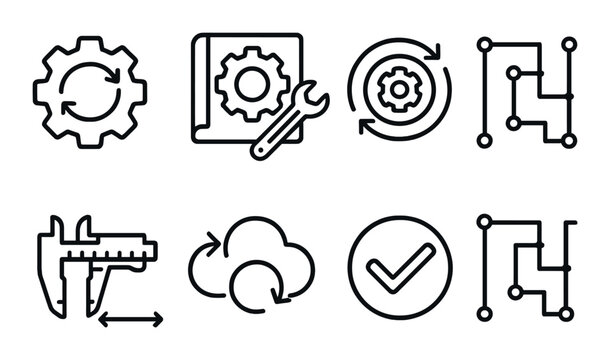 Set of industrial and technical icons featuring gears and tools on dark background