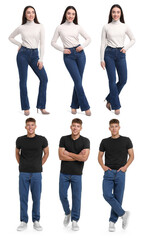 Obraz premium Young woman and man wearing jeans on white background. Set of portraits