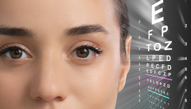 Eye chart and young woman on grey background, banner design. Vision check