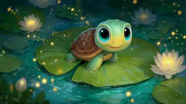 A cute cartoon baby turtle with big eyes sitting on a lily pad in a magical pond with glowing lights and water lilies.