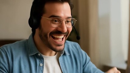 remote work video call efficiency concept. Excited man celebrating success while using a headset.