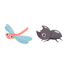 Adorable cartoon dragonfly and beetle insects with cute expressive faces for kids