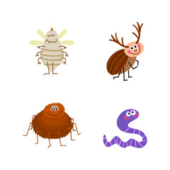 Whimsical bug illustrations Cute beetle, spider, worm, and winged insect characters for playful designs