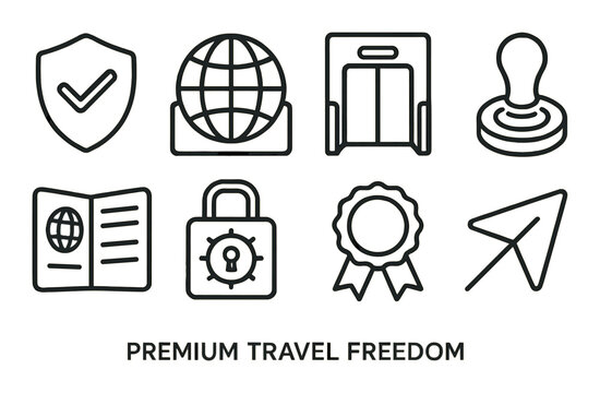 Travel icons: passport, globe, security, badge, airplane, and more elements