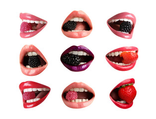 Women holding fresh berries and candies in mouth on white background, closeup. Female lips with different shades of lipstick, collage