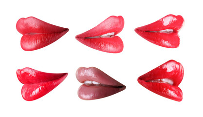 Set of female lips with lipstick isolated on white