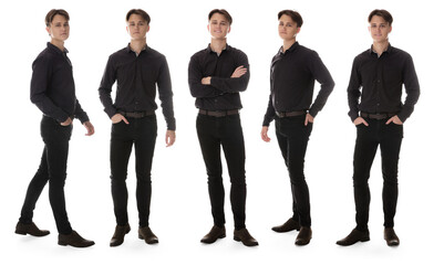 Obraz premium Young man wearing black jeans on white background. Set of portraits
