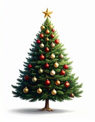 Arbol de navidad o abeto navideño decorado con adornos y bolas de colores, para tarjeta de felicitación navideña, aislado en fondo blanco