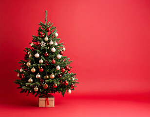 Arbol de navidad o abeto navideño decorado con adornos y bolas de colores, para tarjeta de felicitación navideña, aislado en fondo rojo
