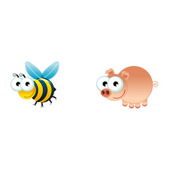 Cute cartoon bee and adorable pink pig character with big expressive eyes, perfect for children's fun