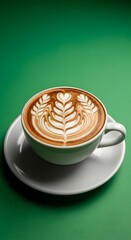 A beautifully crafted latte with intricate heart-shaped and leaf latte art on top, served in a white cup with a matching saucer against a vibrant green background