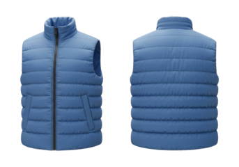 Empty Light Blue Padded Sleeveless Jacket Template for Apparel Branding, Cut Out, Clipping Path, Isolated on a Transparent PNG Background.