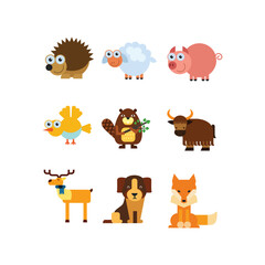 Cartoon Animal Characters Hedgehog, Sheep, Pig, Bird, Beaver, Yak, Deer, Dog, Fox
