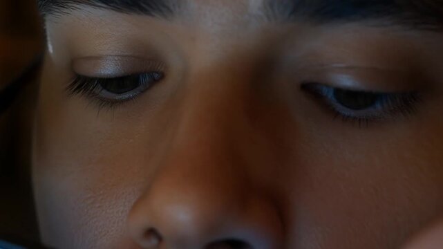 remote work video call efficiency concept. Person wearing glasses with digital screens reflected in lenses.