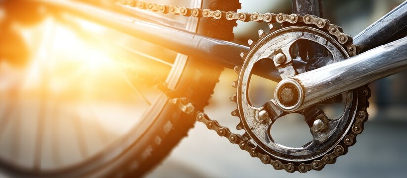 Close-up of a bicycle chain and crankset with sun flare. - Powered by Adobe