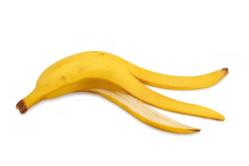 Ripe yellow banana peel with exposed white flesh on a transparent background, representing food waste, organic recycling, and clumsiness