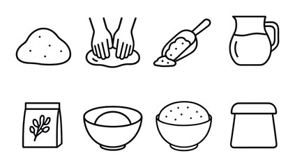Outline icons of bread preparation ingredients and tools on dark background