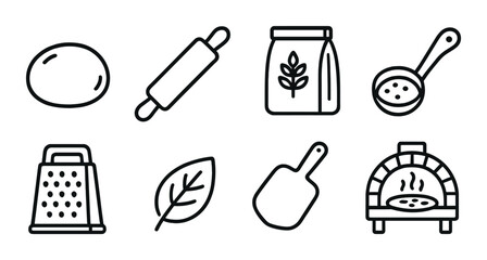 Simple outline icons of baking tools on black background