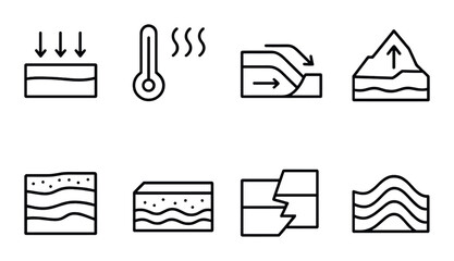 Geological process icons: erosion, temperature, movement, and faults