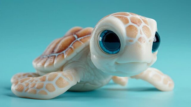 Adorable baby sea turtle with big blue eyes on a blue background.