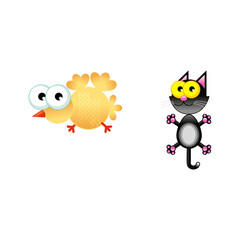 Cute cartoon yellow bird with big eyes next to a playful black cat with pink ears on a white background