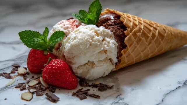 Ice cream cone assortment with strawberry and mint