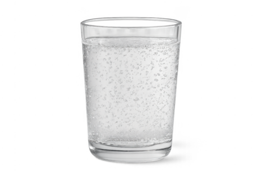Glass of carbonated water with bubbles on transparent background