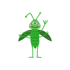 Cute cartoon grasshopper waving hello with a friendly smile and open wings