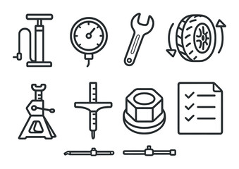 Obraz premium Monochrome automotive tools illustration with tire pump and wrench icons