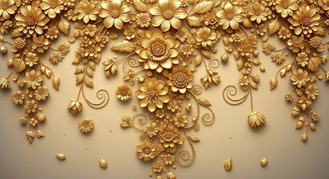 3D floral wallpaper with delicate golden flowers luxurious background. 3D Wall Mural. floral landscapes. 3d floral art