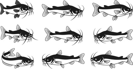 Set of detailed catfish vector illustrations showing various swimming poses, ideal for fishing designs, aquatic logos, wildlife education graphics, branding, and digital artwork projects