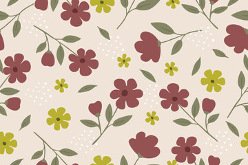Seamless floral pattern with maroon and yellow blossoms, green leaves, and soft dotted accents on a beige background, creating a warm and charming botanical design.
