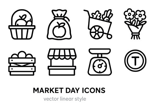 Market day icons set: fresh produce, scale, cart, stall, flowers