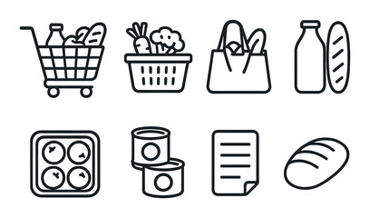 Grocery shopping icons: cart, basket, bag, bottles, bread, and cans